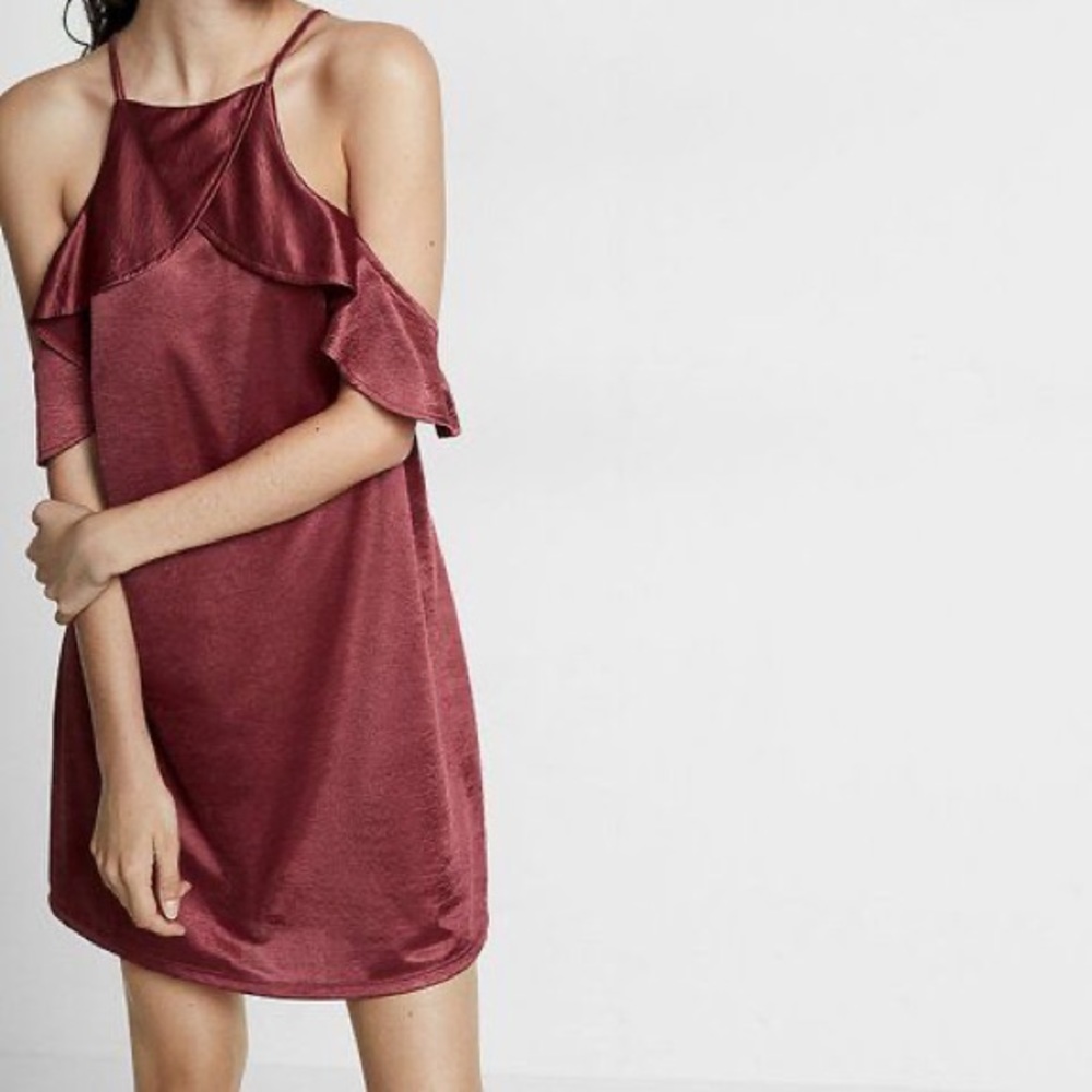 Express Satin Ruffle Trapeze Dress - S, Mauve/Pink